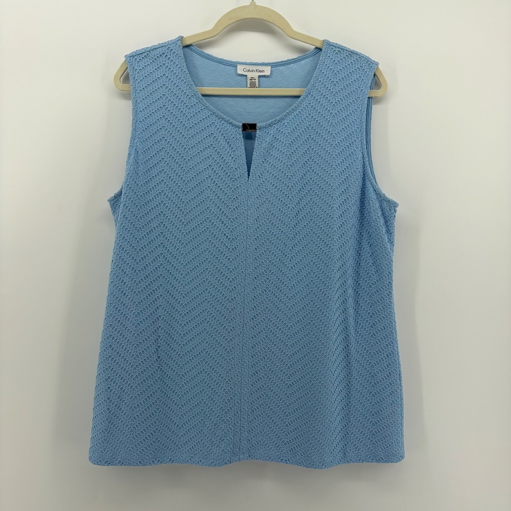 Calvin Klein Womens XL Blue Knit Chevron V Neck Sleeveless Tank Top Shirt